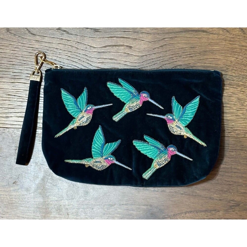 ELIZABETH SCARLETT London Clutch Bag Green Velvet Hummingbirds Embroidered EUC!